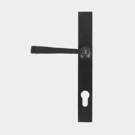 A traditional black door handle to use on a Solidor front door