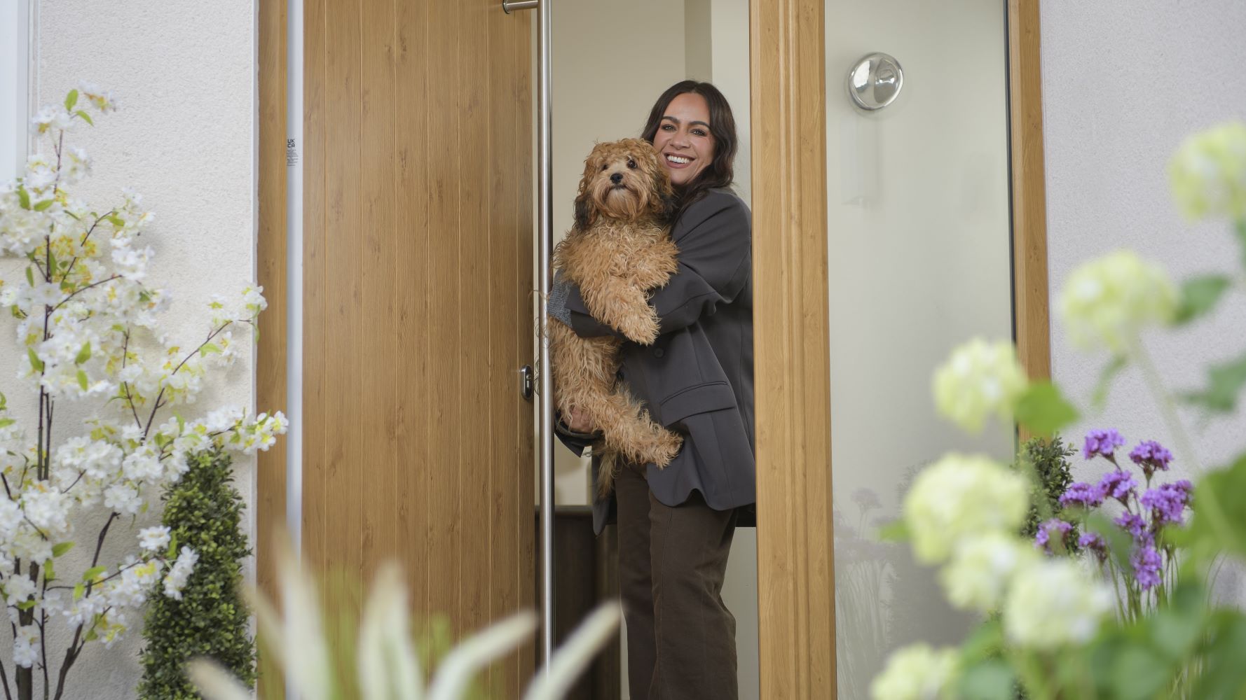 Gemma Lomas Jones Flint Solid in Irish Oak and her puppy